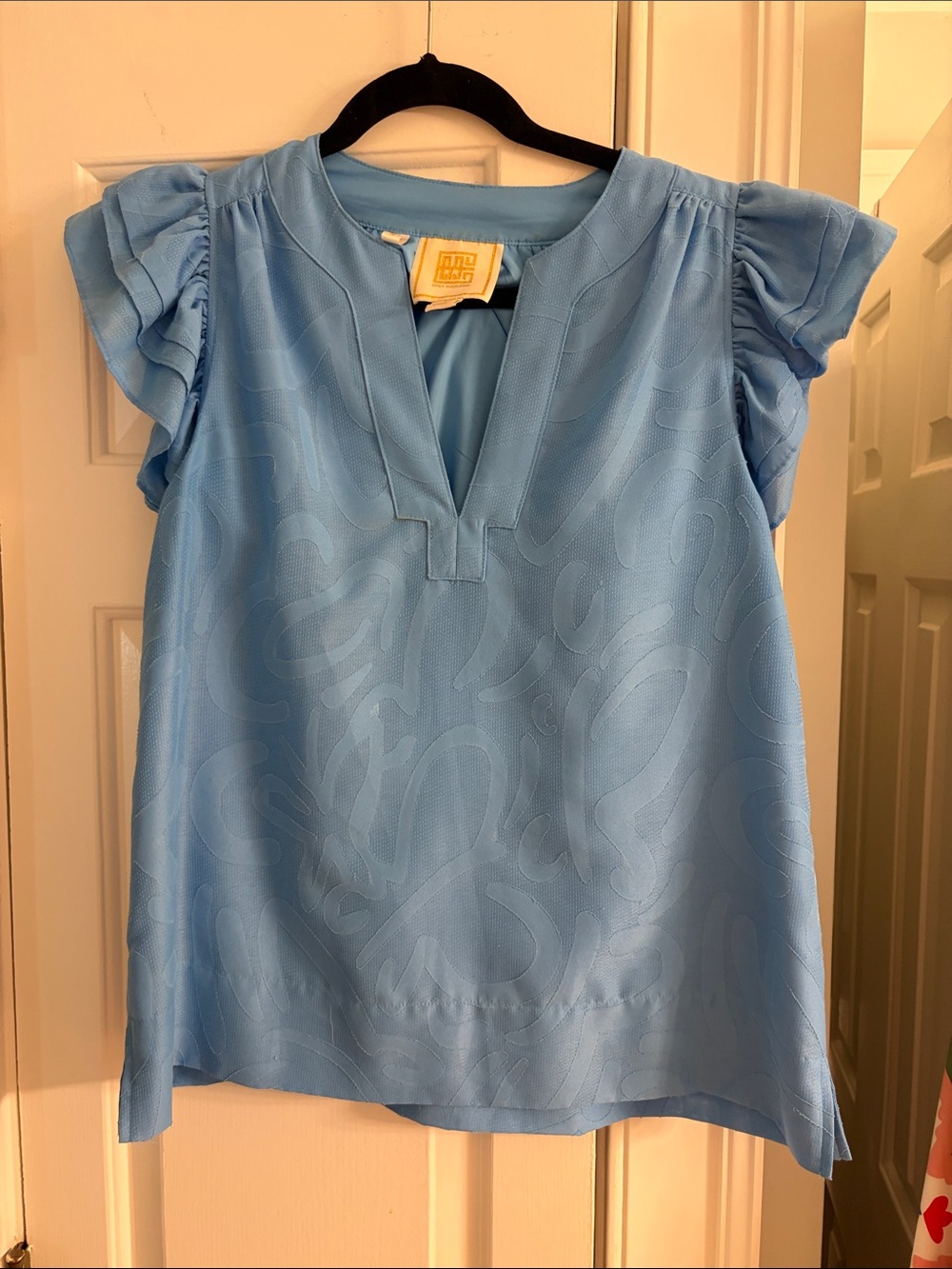 Light Blue Flutter-Sleeve V-Neck Blouse
